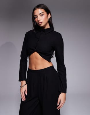 Kaiia Exclusive Cotton Rich Structured Shoulder Detailing Cropped Long Sleeve Shirt In Black