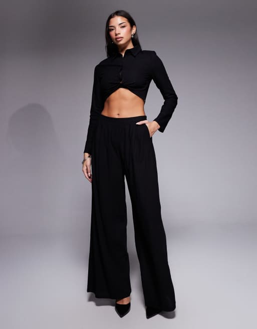 Kaiia exclusive cotton rich structured shoulder detail cropped long sleeve shirt and high waisted flares co-ord in black, 2 of 3