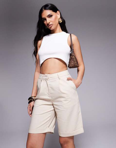 Kaiia exclusive cotton rich tailored longline shorts in beige - view 1