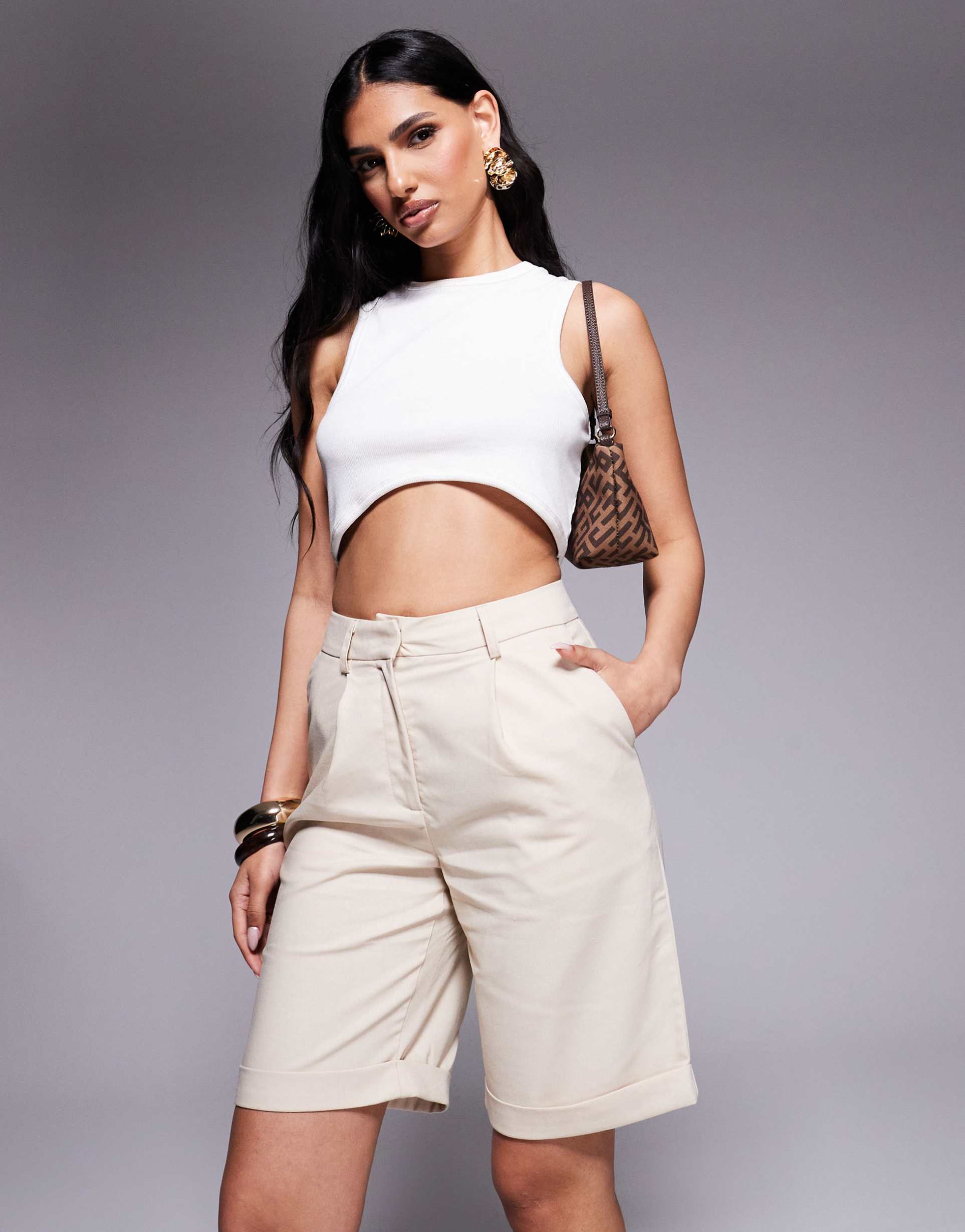 kaiia exclusive cotton rich tailored longline shorts in beige