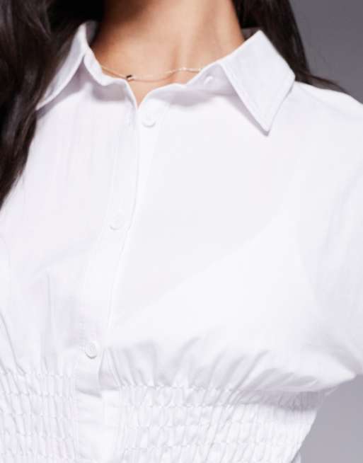 Kaiia exclusive cotton rich tailored shirred cinch waist shirt in white, 2 of 4