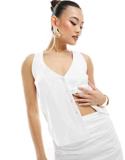 Kaiia exclusive cotton rich textured button down sleeveless top co-ord in white    