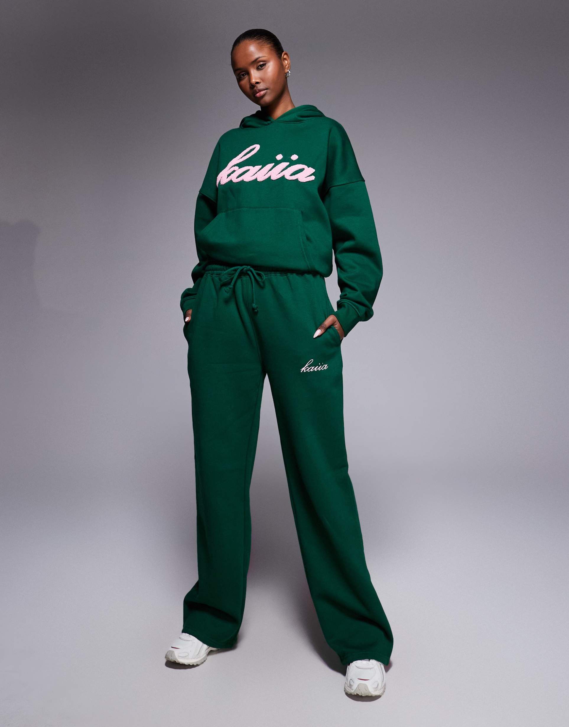 kaiia exclusive cotton rich wide leg sweatpants in green and pink - part of a set