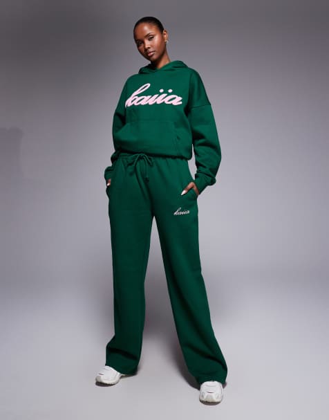 Kaiia exclusive cotton rich wide leg trackies in green and pink (part of a set) - view 1