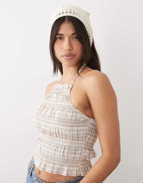 Kaiia exclusive cotton seashell and star trim crochet headscarf in cream - view 1