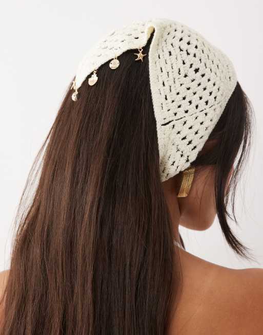 Kaiia exclusive cotton seashell and star trim crochet headscarf in cream, 2 of 3