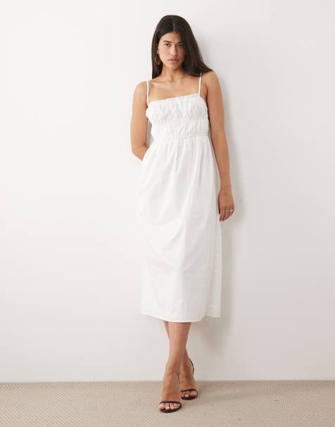 Kaiia exclusive cotton shirred bust detail midi dress in white - view 1