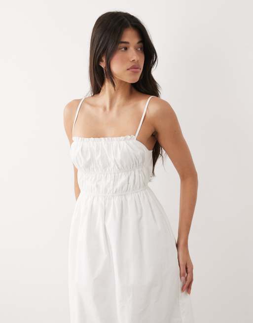 Kaiia exclusive cotton shirred bust detail midi dress in white, 2 of 4