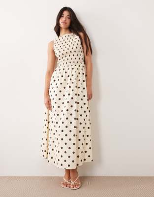 Kaiia exclusive cotton slashneck shirred bodice maxi dress in lemon and brown polka dot lemon - brown
