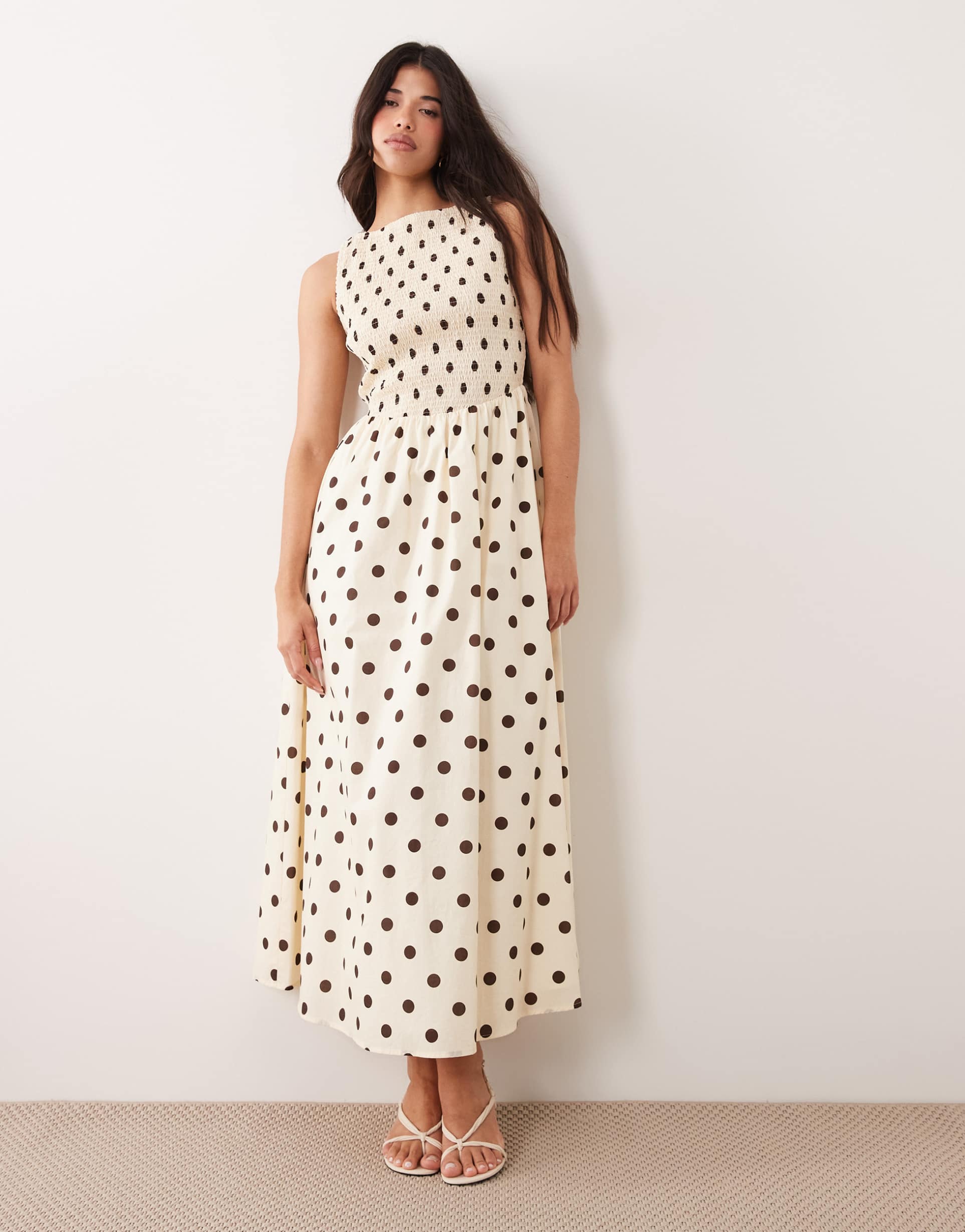 kaiia exclusive cotton slashneck shirred bodice maxi dress in lemon and brown polka dot