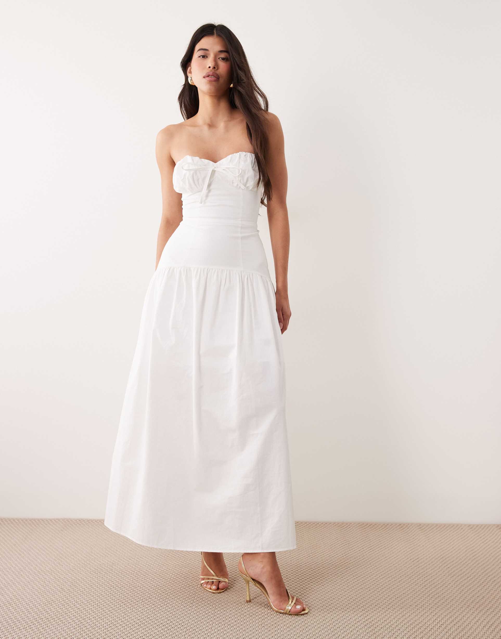 kaiia exclusive cotton sweetheart bandeau drop waist gathered hem maxi dress in white