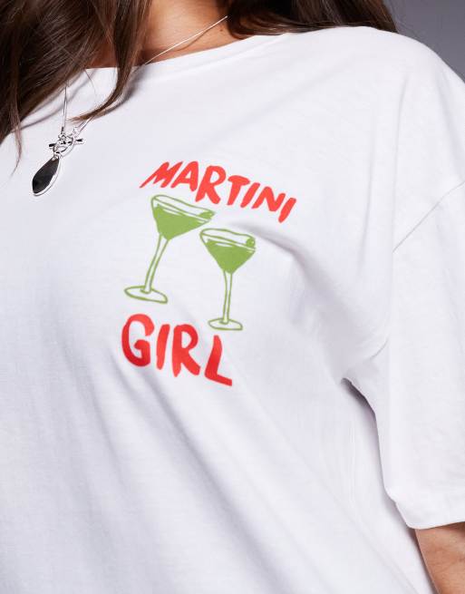 Kaiia exclusive cotton 'this girl needs a martini' slogan graphic oversized t-shirt in white, 4 of 4