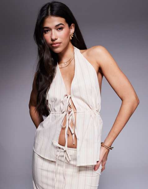 Kaiia exclusive cotton tie detail linen look halterneck top in cream stripes - part of a set - view 1