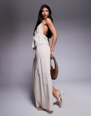 exclusive cotton tie waist linen look maxi skirt in cream stripes - part of a set-Multi