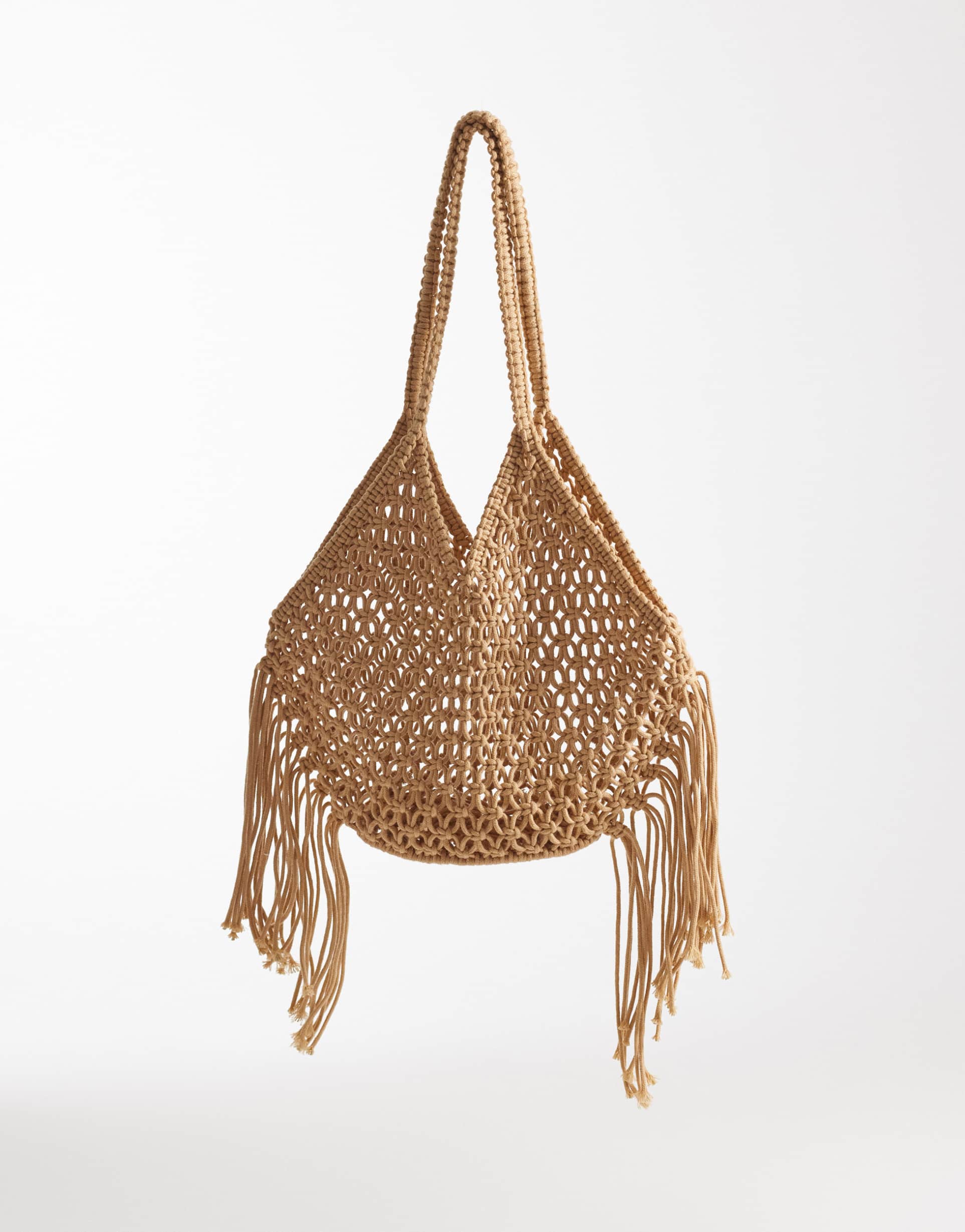 kaiia exclusive cotton woven tassel trim shoulder straps beach bag in beige