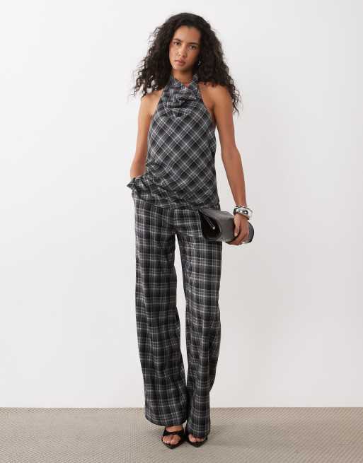 Kaiia exclusive cowl haterneck asymmetric hem top co-ord in grey check, 2 of 4