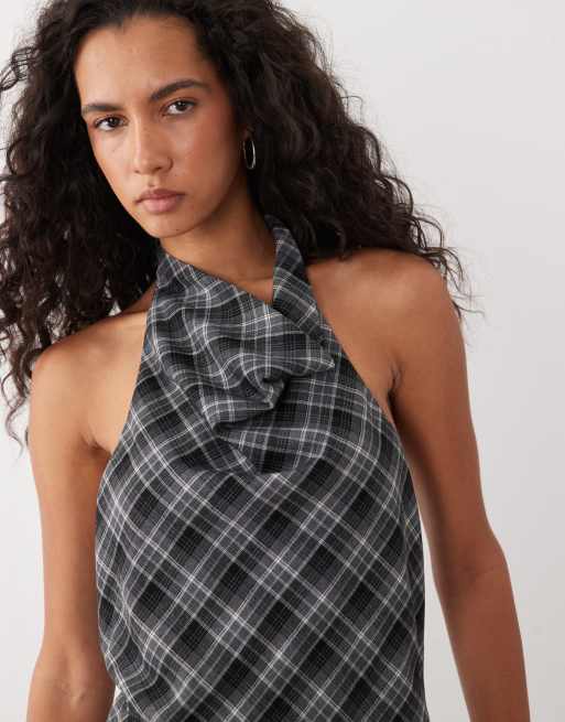 Kaiia exclusive cowl haterneck asymmetric hem top co-ord in grey check, 3 of 4