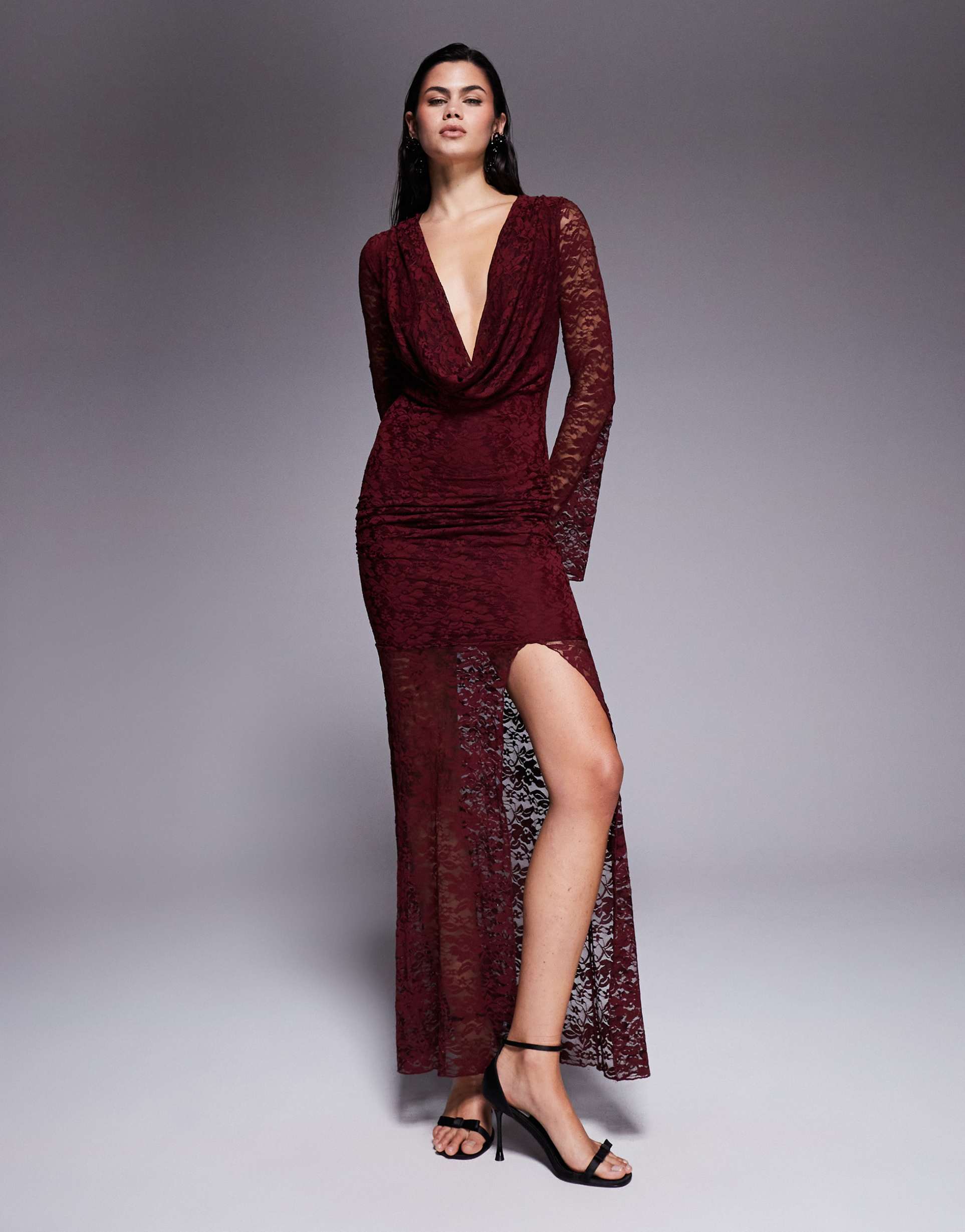 kaiia exclusive cowl neck flare sleeve thigh slit lace maxi dress in burgundy