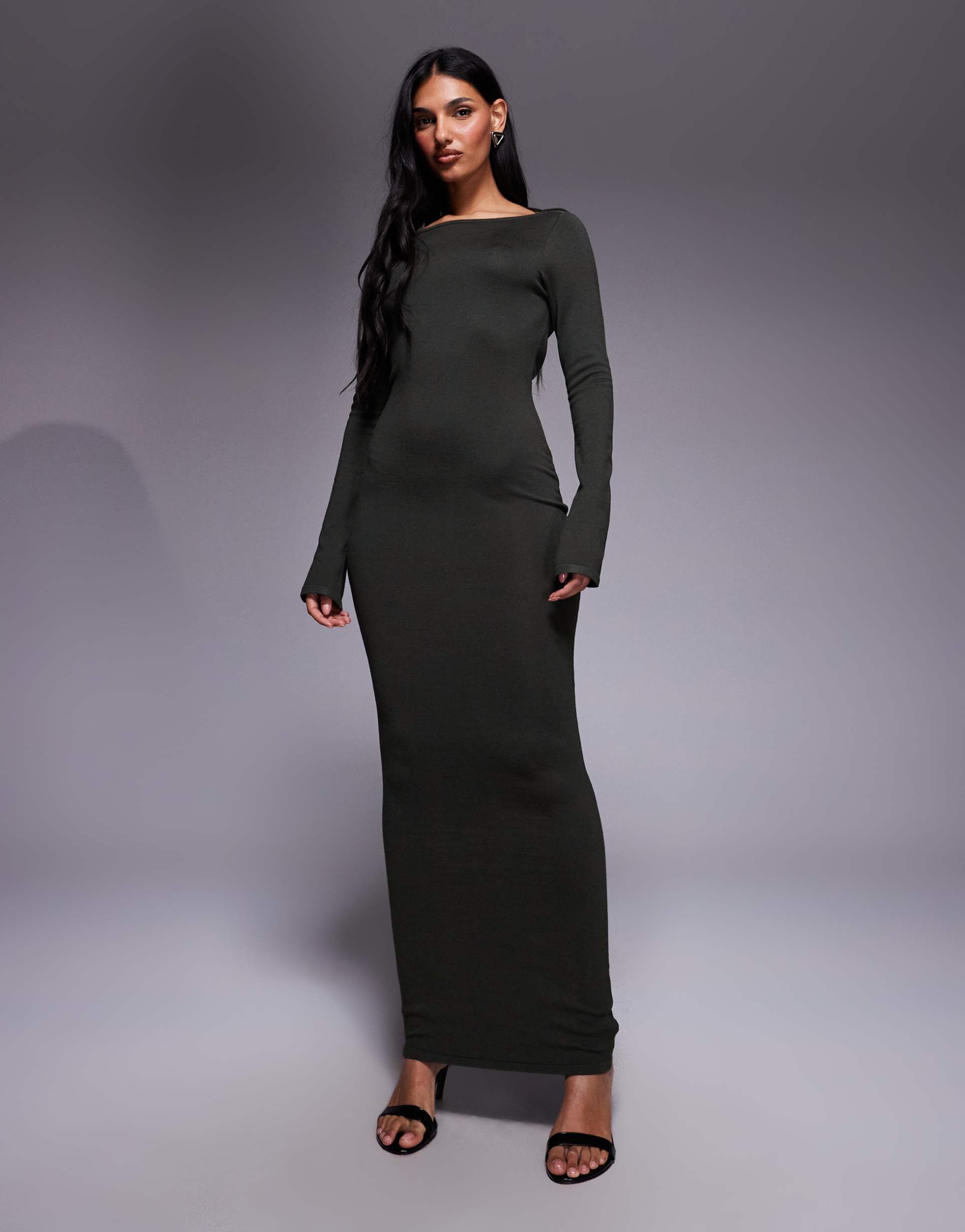 kaiia exclusive cowl tie back long sleeve fine knit maxi dress in khaki green