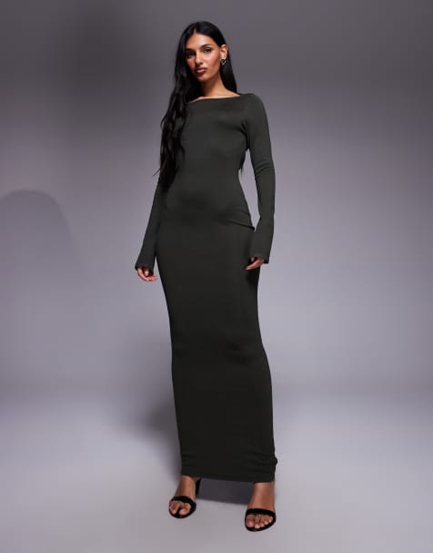 Kaiia exclusive cowl tie back long sleeve fine knit maxi dress in khaki - view 1
