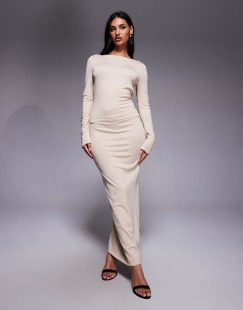 Kaiia exclusive cowl tie back long sleeve fine knit top and maxi skirt co-ord in oatmeal - view 1
