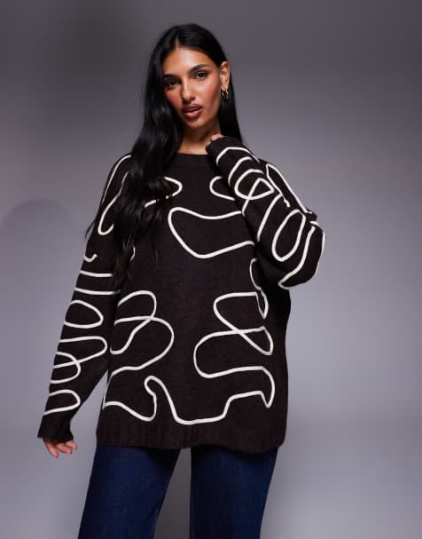 Kaiia exclusive crew neck abstract stitch jumper in chocolate - view 1