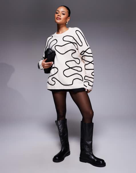Kaiia exclusive crew neck abstract stitch jumper in cream - view 1