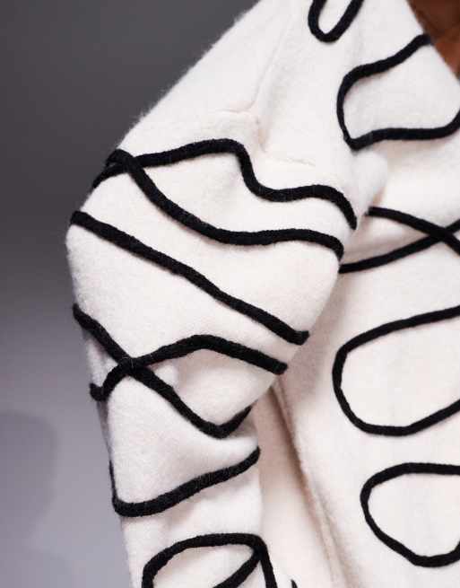 Kaiia exclusive crew neck abstract stitch jumper in cream, 3 of 4