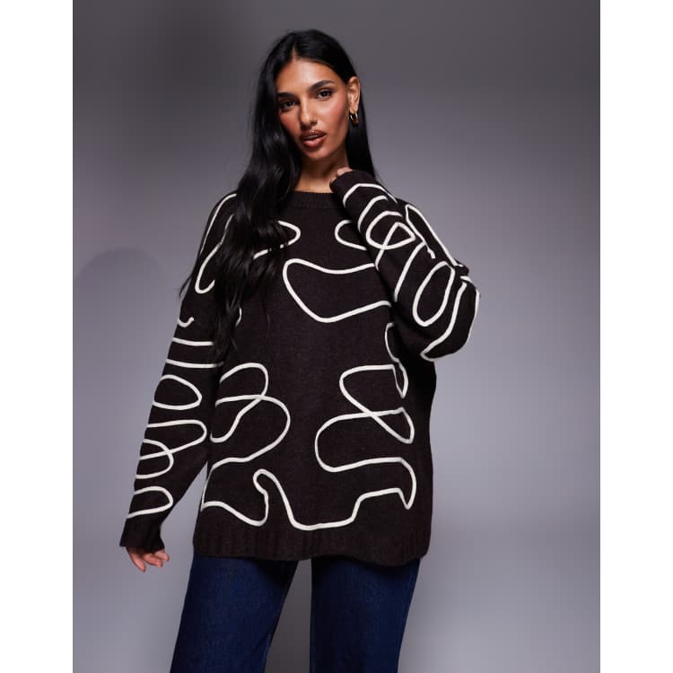 Kaiia exclusive crew neck abstract stitching sweater in chocolate
