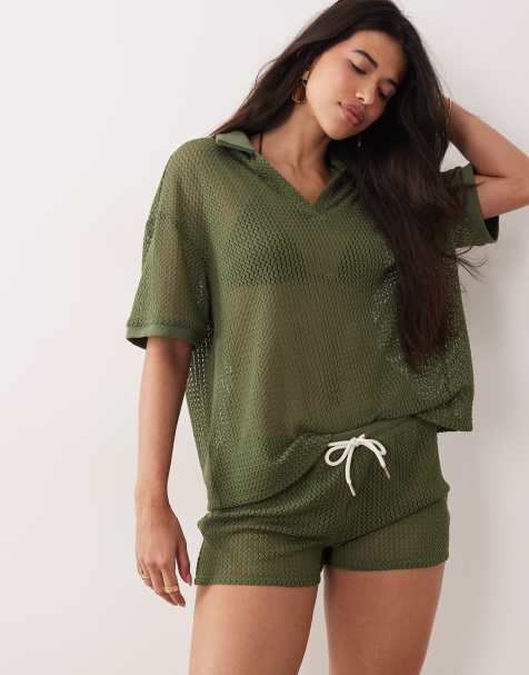 Kaiia exclusive crochet collar detail oversized polo top and shorts co-ord in khaki - view 1