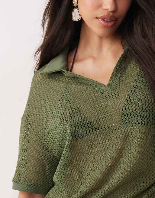 Kaiia Exclusive crochet collar detail oversized polo top in khaki - part of a set, 3 of 4