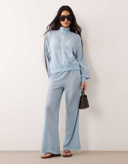 Kaiia Exclusive crochet zip through contrast stripe track jacket and pants set in baby blue and chocolate, 2 of 3