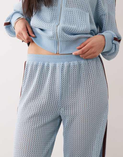 Kaiia exclusive crochet contrast stripe pants in baby blue and chocolate, 3 of 5