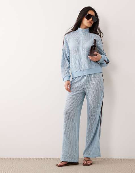 Kaiia exclusive crochet zip through contrast stripe track jacket and trousers co-ord in baby blue and chocolate - view 1