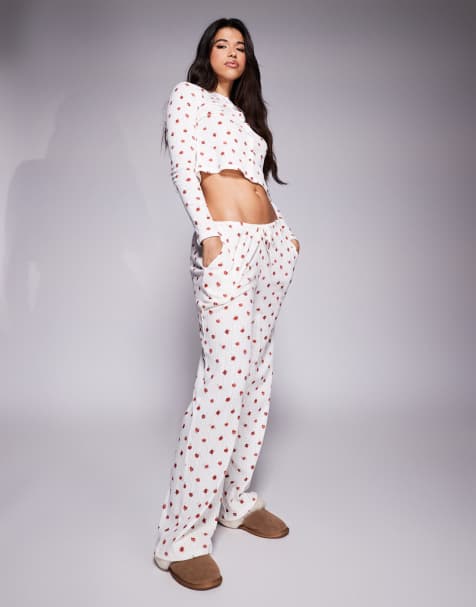 Kaiia exclusive cropped button through pointelle pyjama top and bottoms set in red ditsy floral - view 1