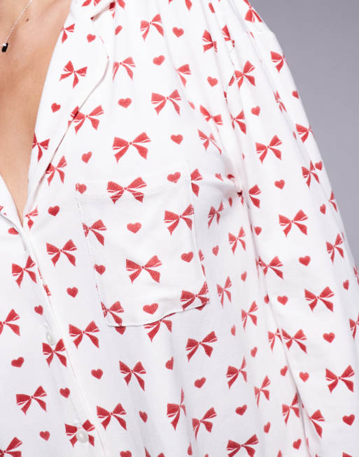 Kaiia exclusive cropped button through pyjama shirt co-ord in red bow print