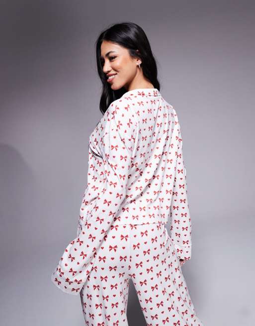 Kaiia exclusive cropped button through pyjama shirt co-ord in red bow print