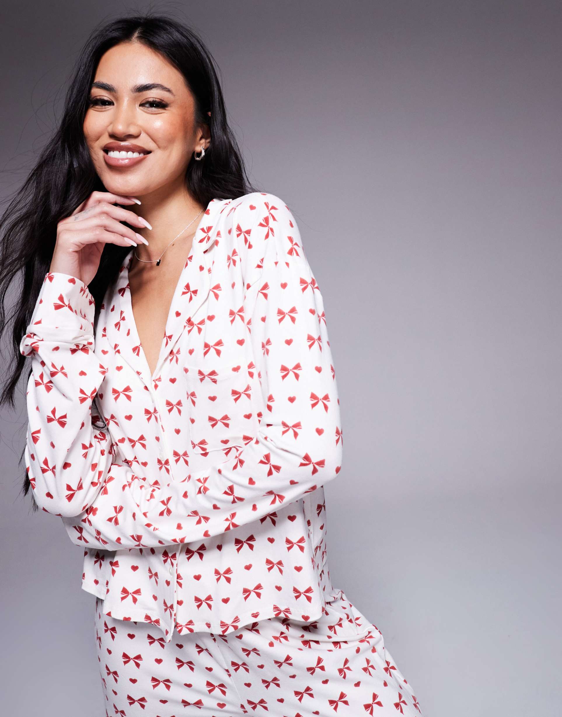 kaiia exclusive cropped button up pajama shirt in red bow print - part of a set