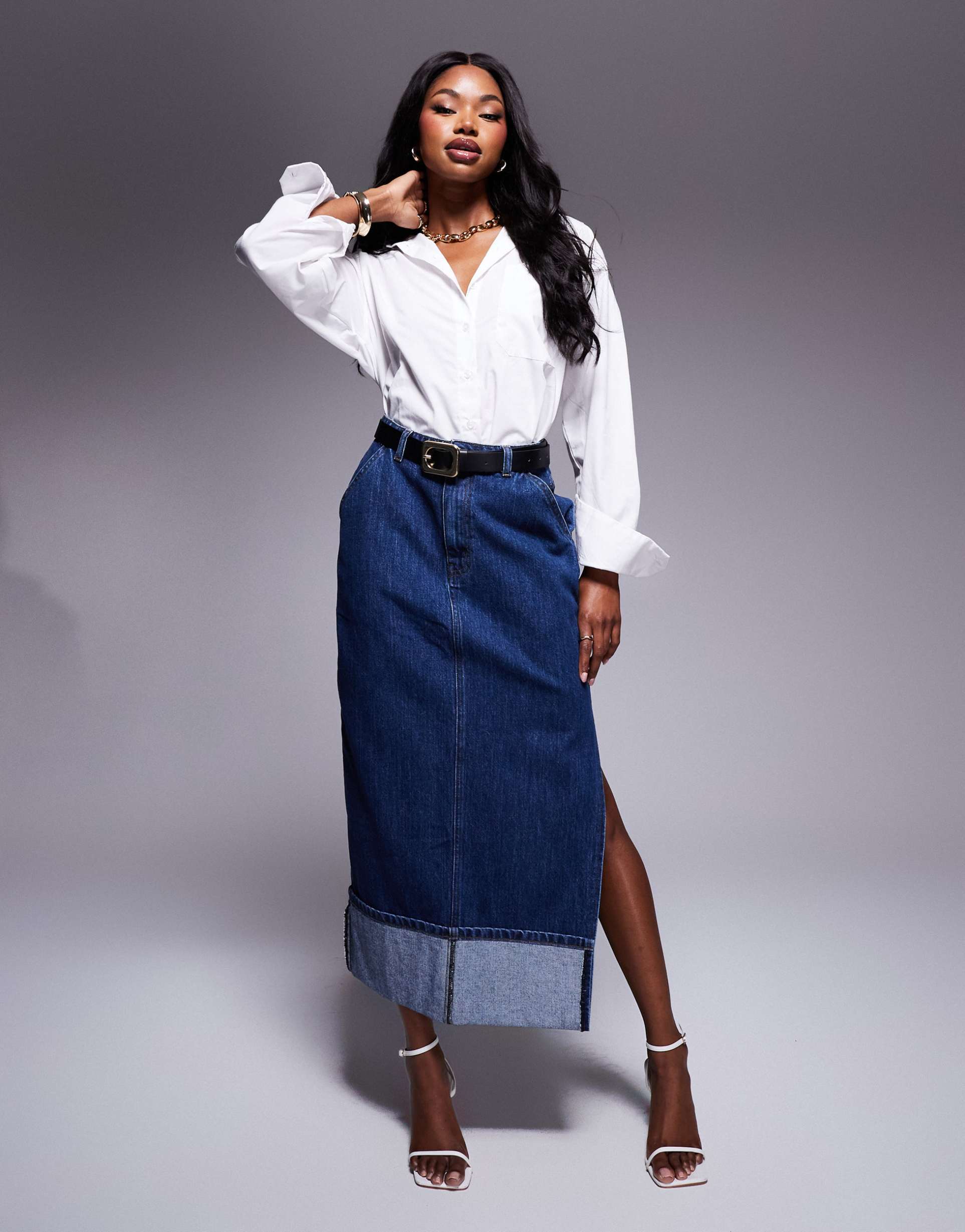 kaiia exclusive cuffed hem maxi skirt in indigo wash