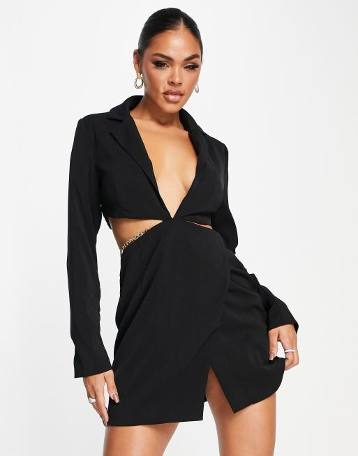 Kaiia exclusive cut out blazer dress with chain detail waist in black 