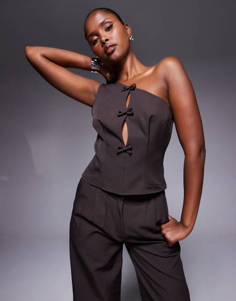 Kaiia exclusive cut-out bow detail one-shoulder top in chocolate brown (Part of a set) - view 1