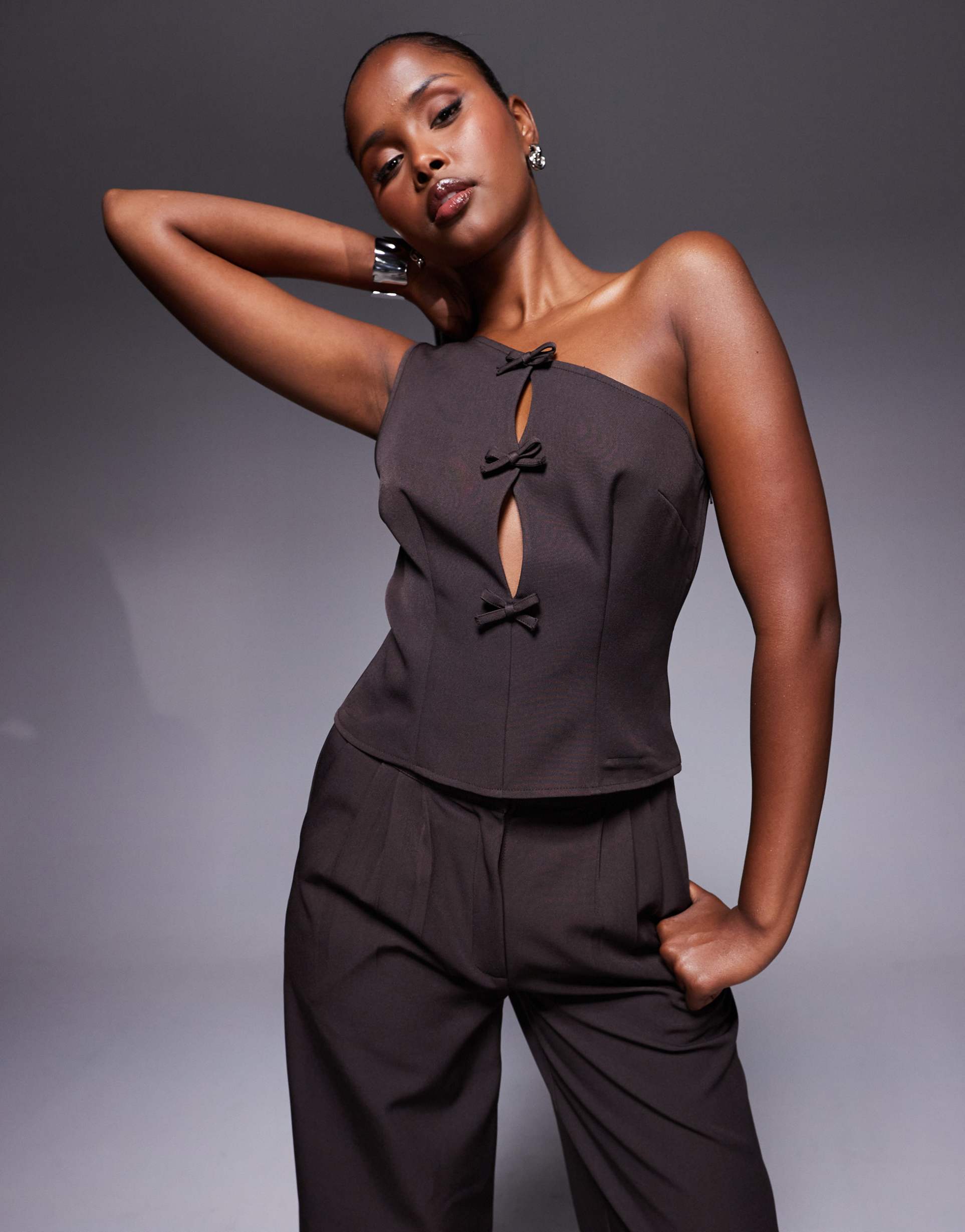kaiia exclusive cut-out bow detail one-shoulder top in chocolate brown - part of a set