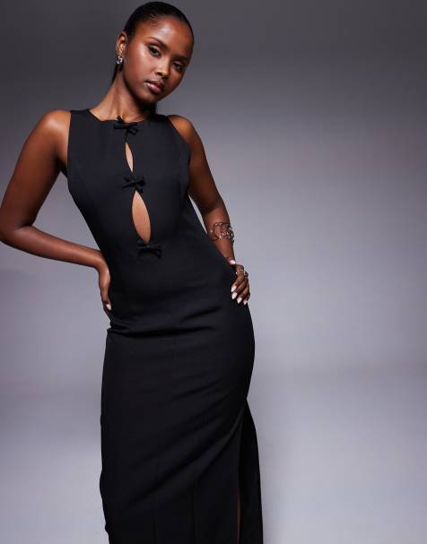 Kaiia exclusive cut out bow detail side split maxi dress in black - view 1