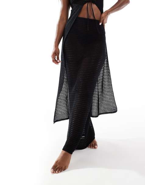 Kaiia exclusive crochet knit maxi beach skirt co-ord in black  