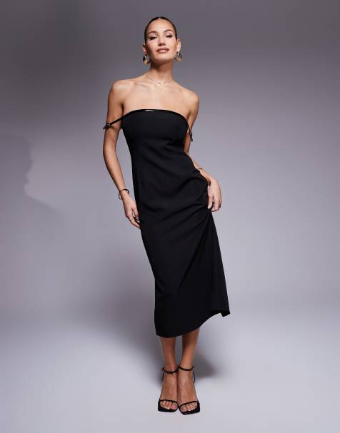 Kaiia Exclusive – Czarna sukienka midi bodycon z dekoltem bardot i klamrami - view 1