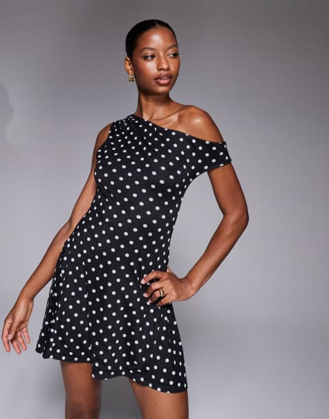 Kaiia exclusive double layered slinky mesh off shoulder skater mini dress in mono polka dot