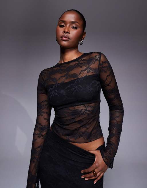 Kaiia Exclusive – Czarny przylegające krótki top z koronki z długimi rękawami, część zestawu