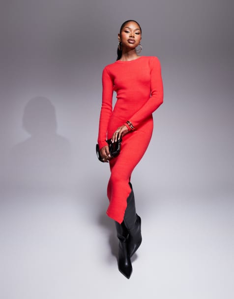 Kaiia exclusive knitted bodycon midaxi jumper dress in red