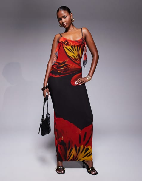 Kaiia Exclusive – Czerwona przylegająca sukienka maxi w kwiaty na ramiączkach z falbanką i drapowanym tyłem - view 1