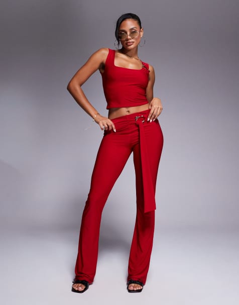 Kaiia exclusive double layered slinky gold hardware belt detail trouser co-ord in red 